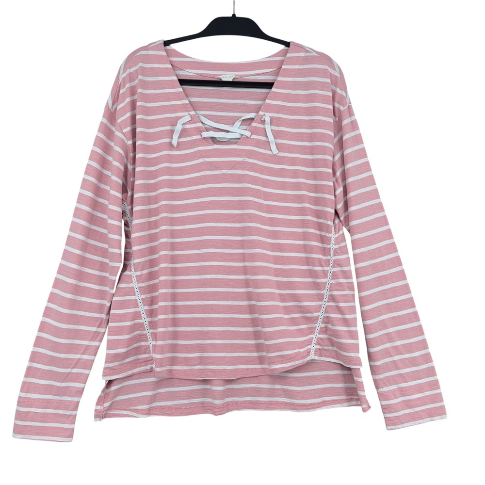 Caslon Lace-Up V-Neck Women M Cotton Modal Pink White Striped Long Sleeve Top